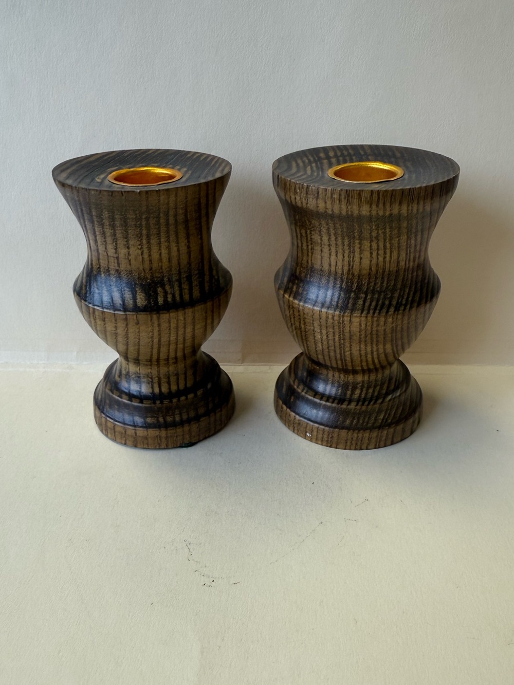 Pair of Vintage Farmhouse Dark Wood Candle Holders Cottage Primitive Mood Decor.